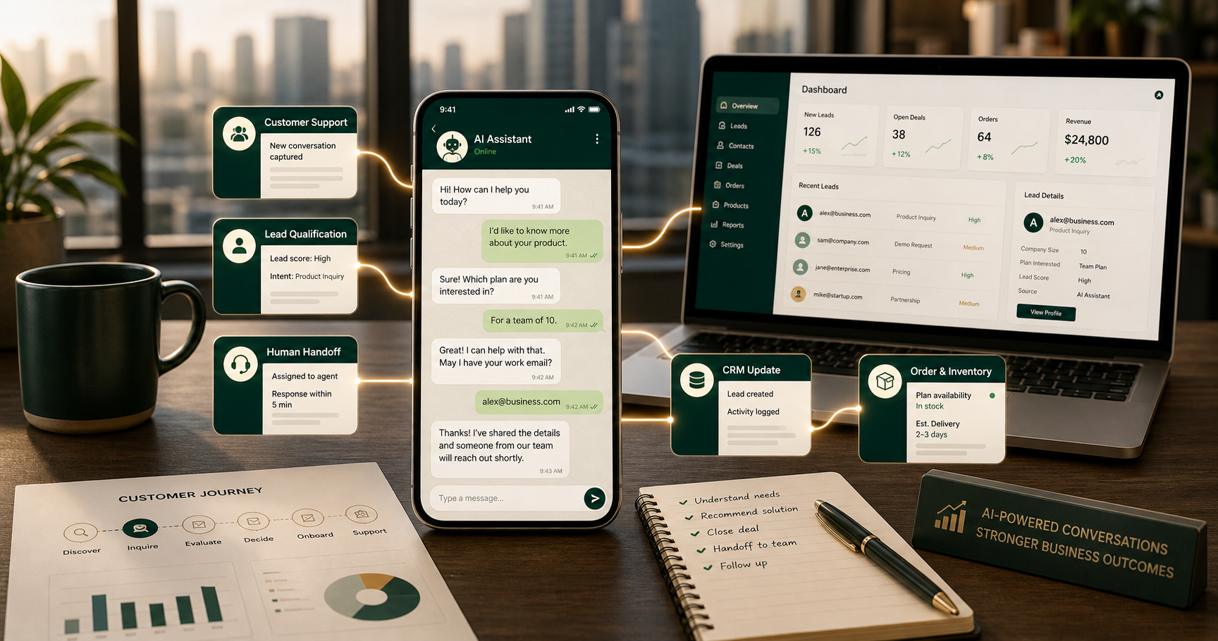 AI chatbot conversation connected to CRM, lead qualification, support, and order systems