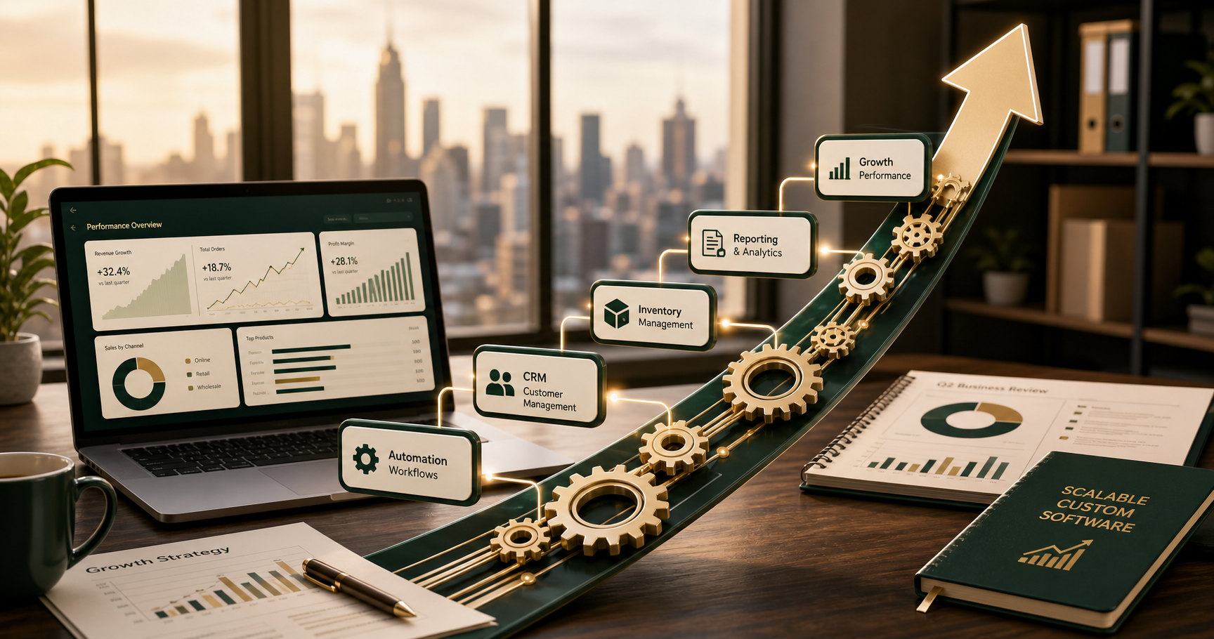 Upward growth arrow powered by custom software gears and connected business modules