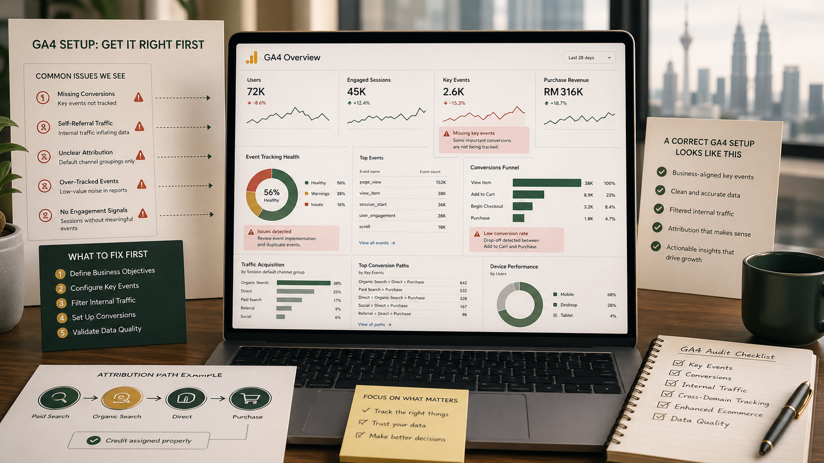 GA4 analytics setup dashboard and event tracking visual