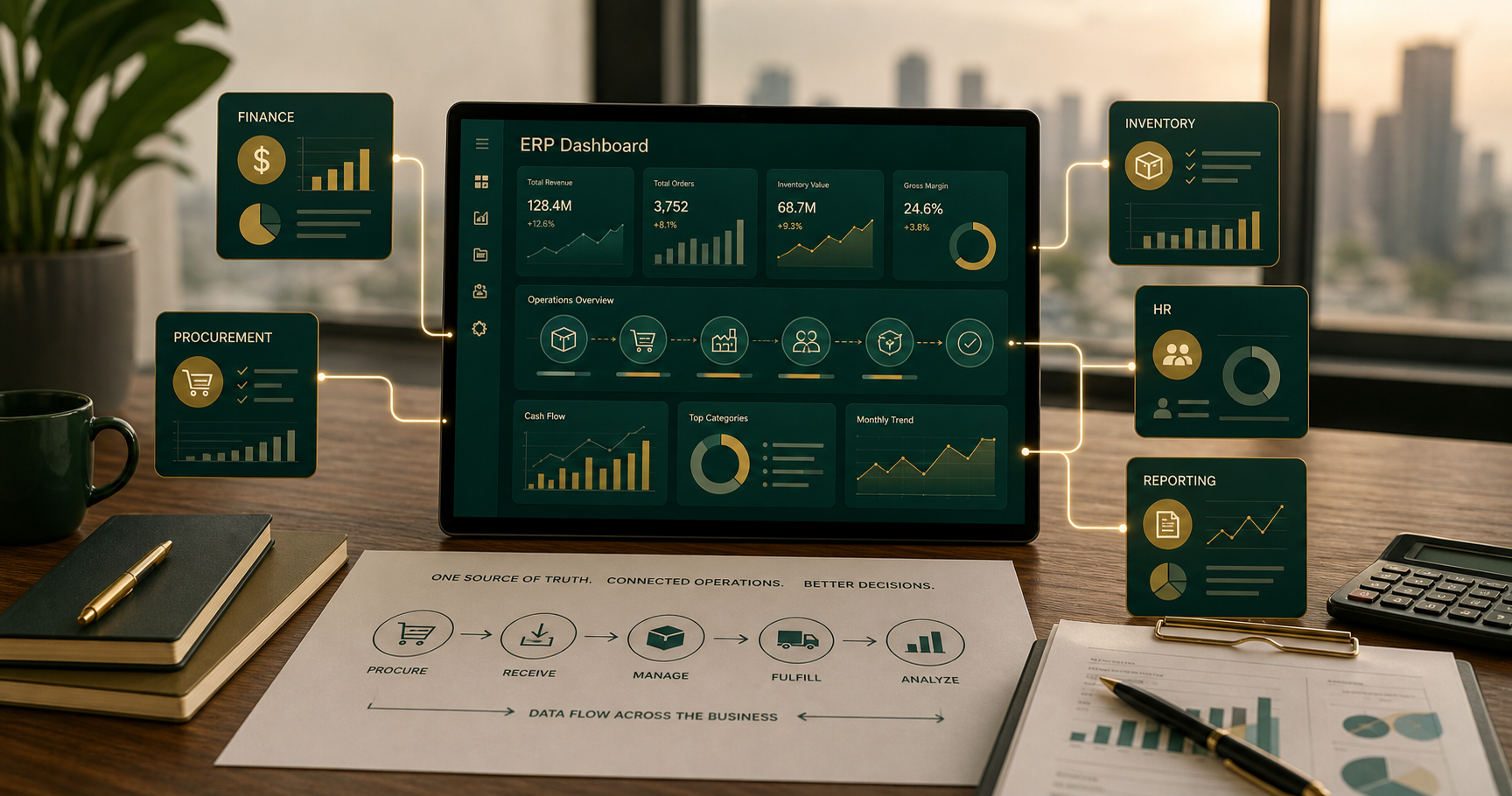 Custom ERP dashboard connecting finance, inventory, HR, and reporting modules