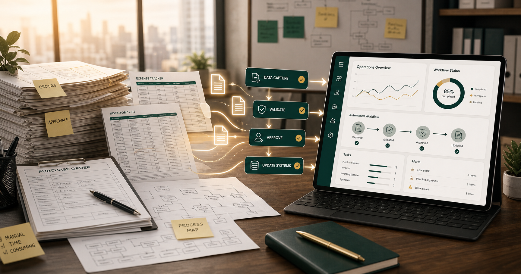 Manual paperwork flowing into an automated digital operations dashboard