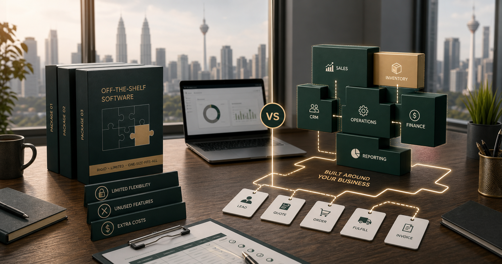 Ready-made software boxes compared with modular custom business system blocks
