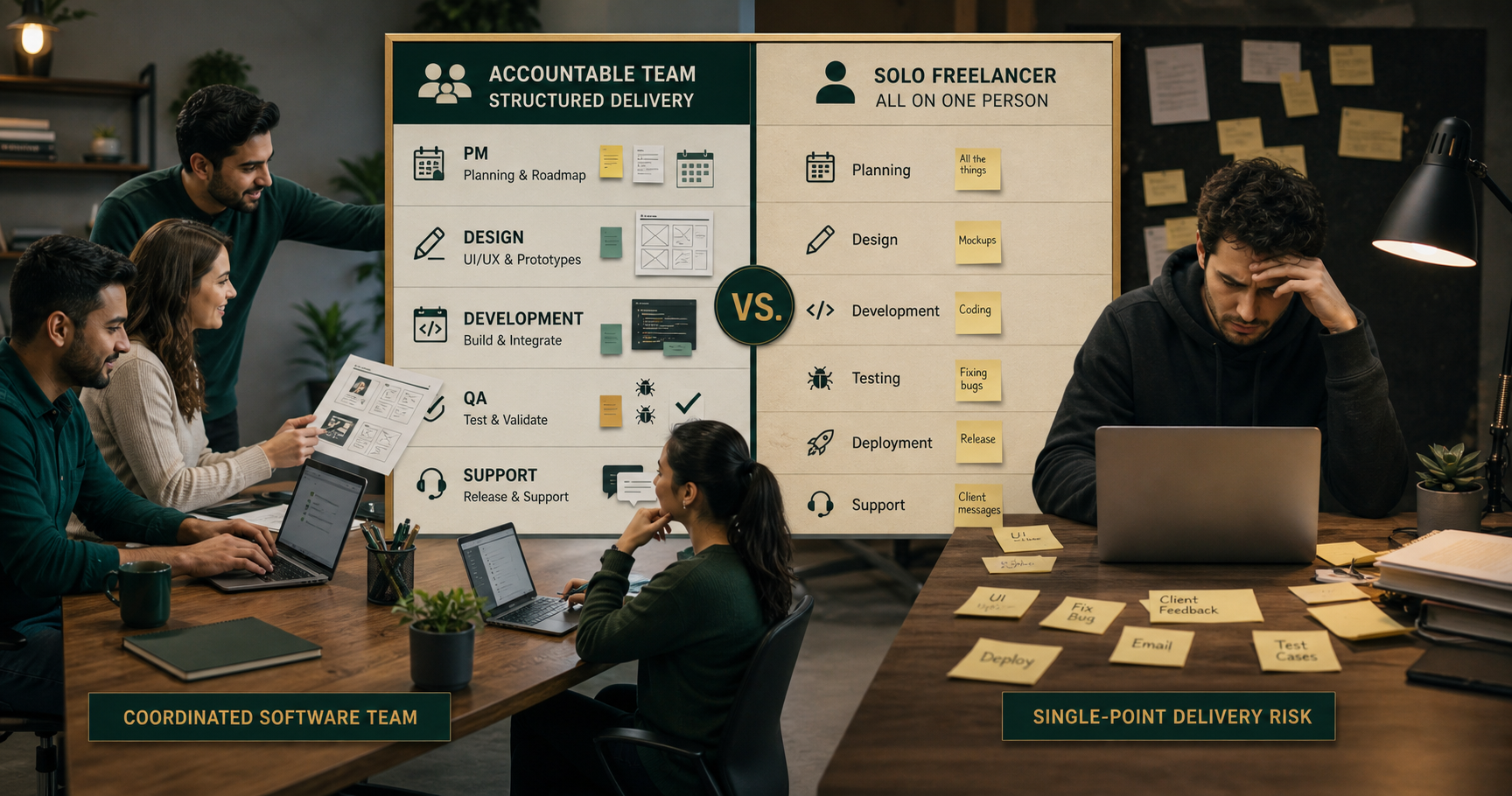Software house team structure compared with a solo freelancer delivery model