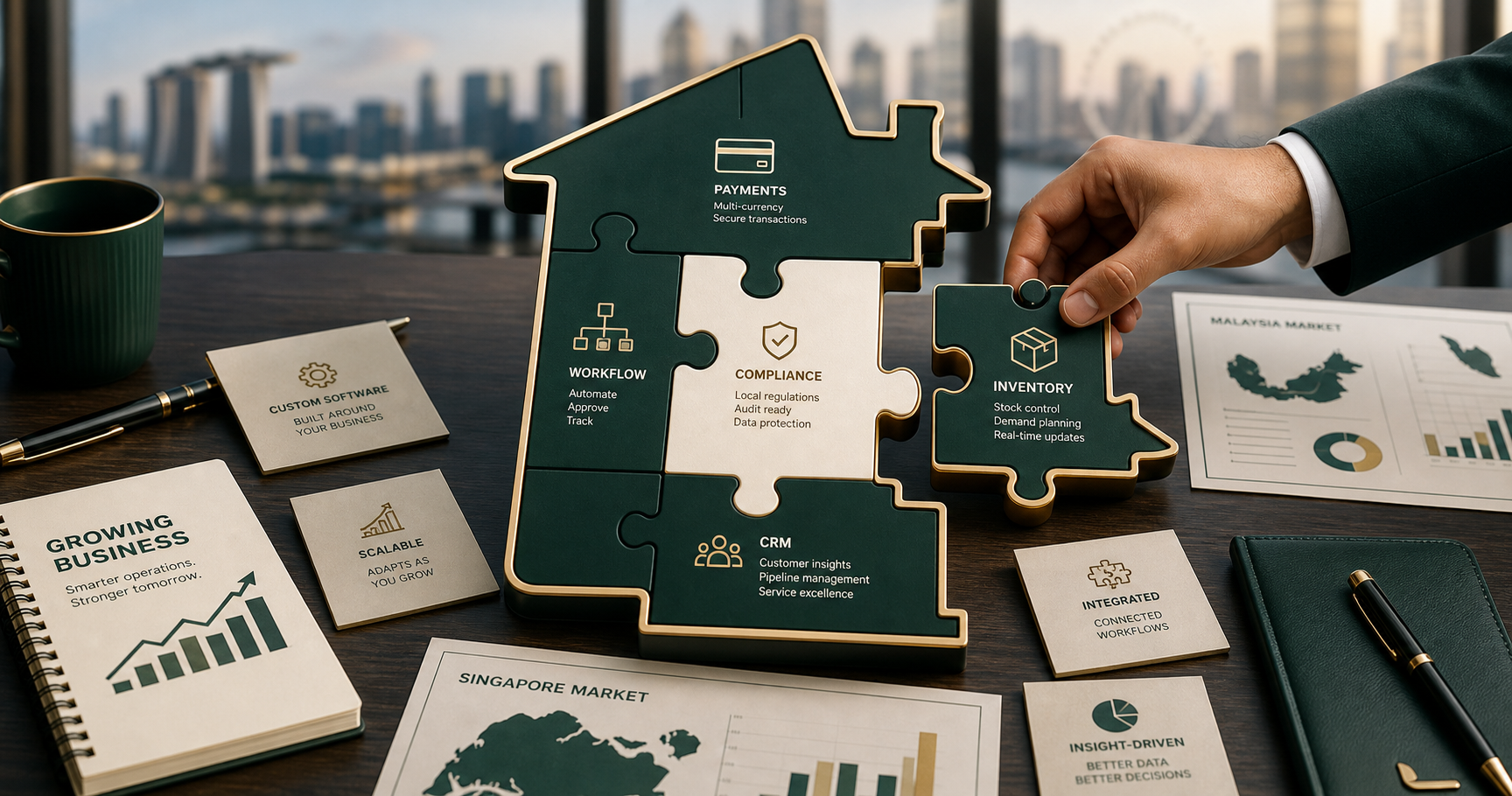 Bespoke software modules fitting into a business workflow with Malaysia and Singapore market accents