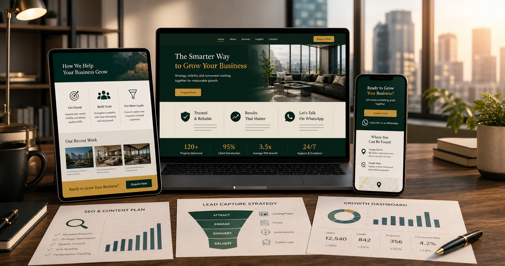 Responsive business website shown across desktop, tablet, and mobile devices